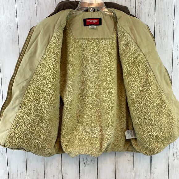 VTG Wrangler Hero Canvas Sherpa Lined Vest Full Zip Pockets Khaki Men's Size XL - Picture 8 of 10